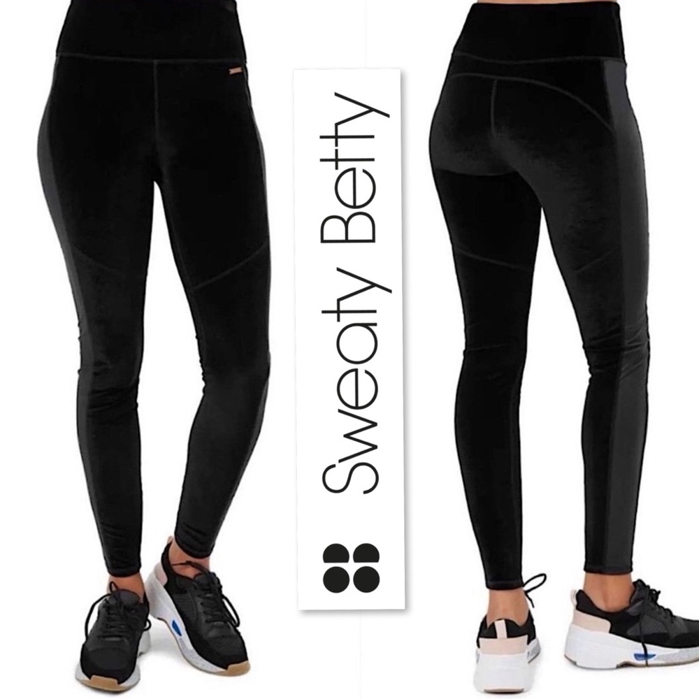 Sweaty Betty Velvet High Waisted Rise Leggings Side Stipe Velour Pants Black S - Picture 1 of 16